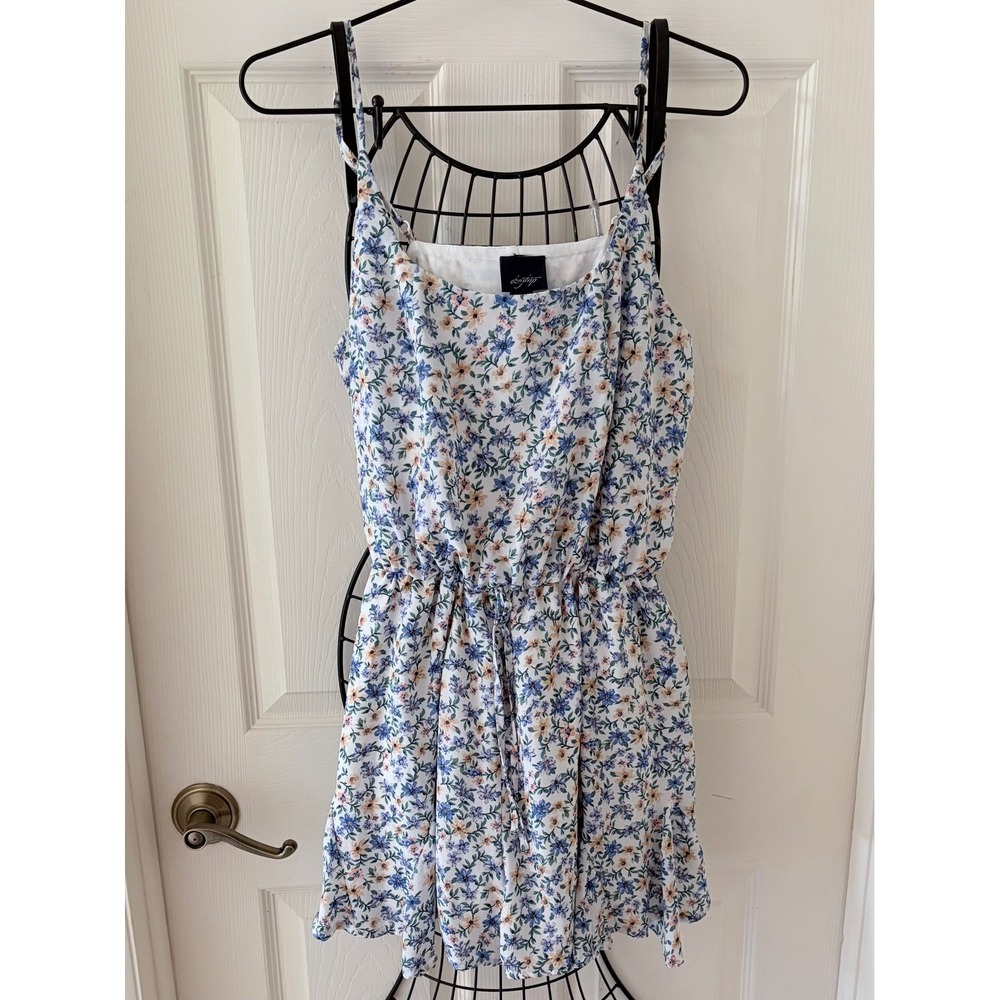 Daytrip Women M Blue Floral Sleeveless Drawstring Mini Dress Cottagecore